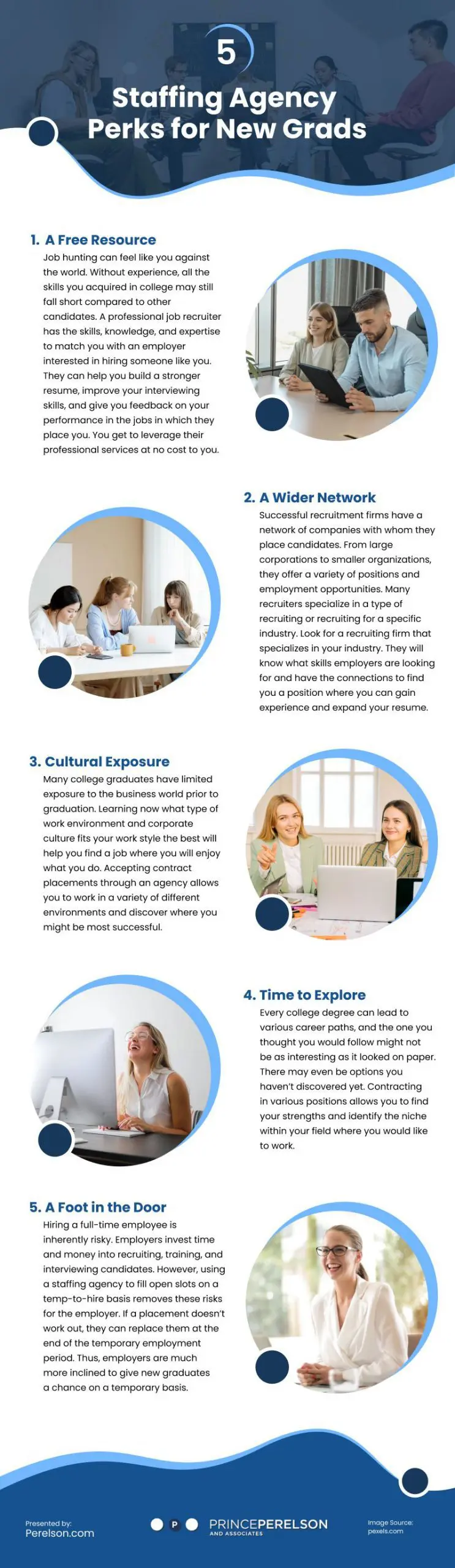 5 Staffing Agency Perks for New Grads Infographic
