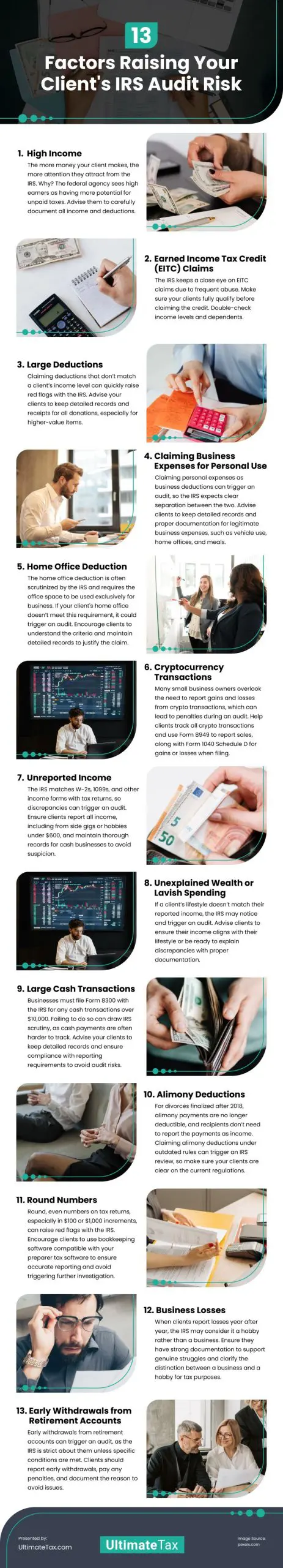 13 Factors Raising Your Client's IRS Audit Risk 13 Factors Raising Your Client's IRS Audit Risk Infographic