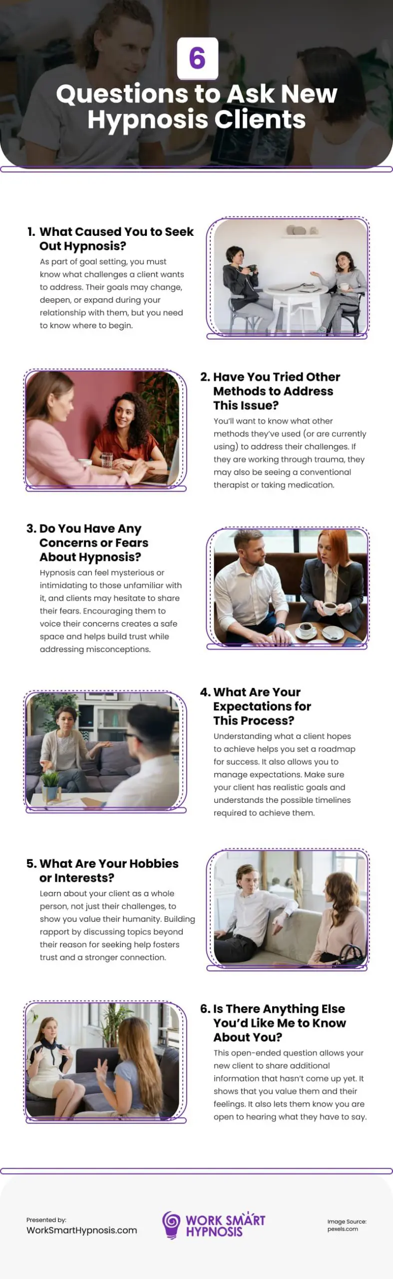 6 Questions to Ask New Hypnosis Clients 6 Questions to Ask New Hypnosis Clients Infographic
