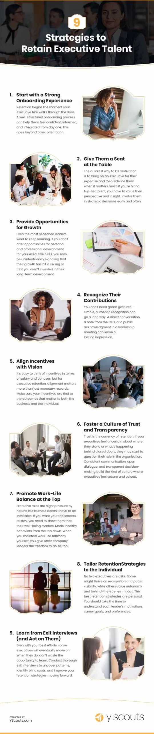 9 Strategies to Retain Executive Talent Infographic