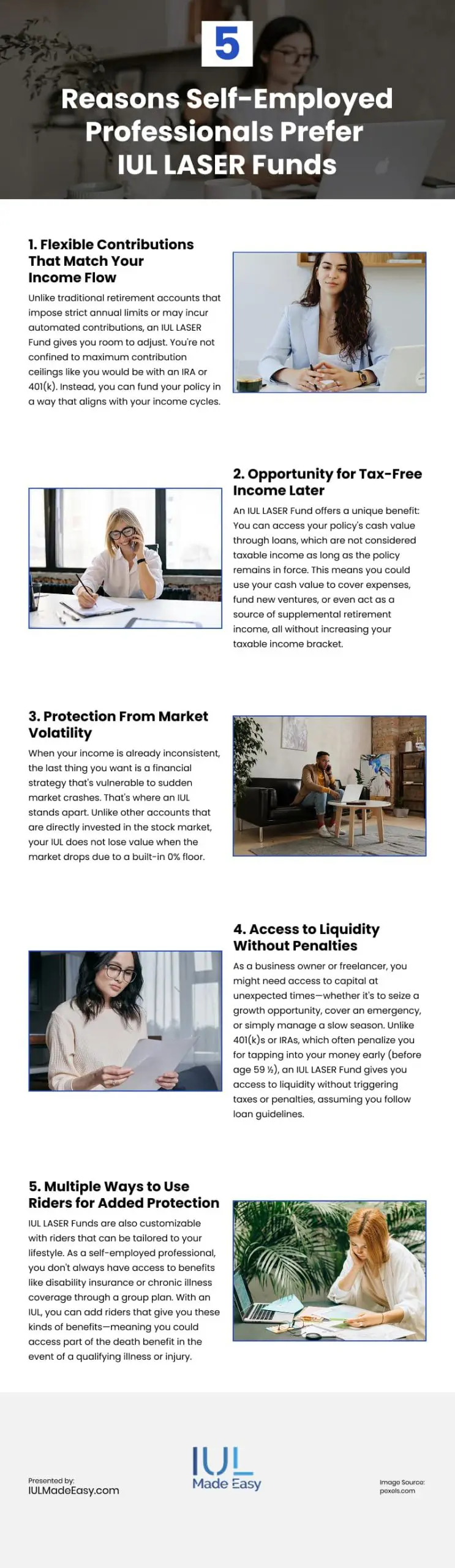 5 Reasons Self-Employed Professionals Prefer IUL LASER Funds Infographic