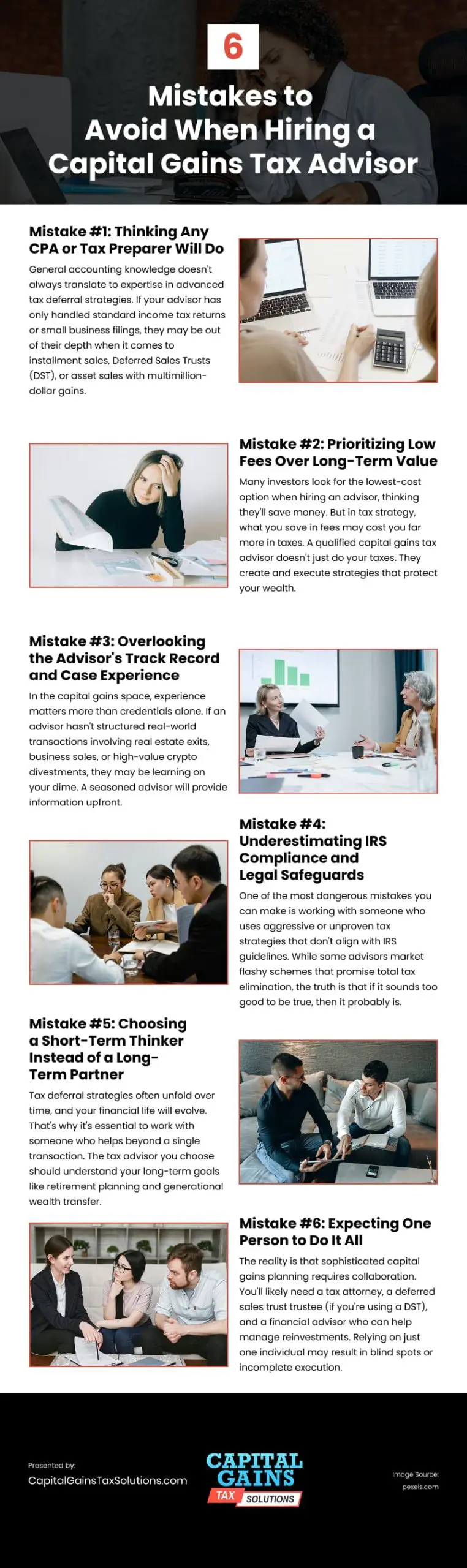 6 Mistakes to Avoid When Hiring a Capital Gains Tax Advisor Infographic