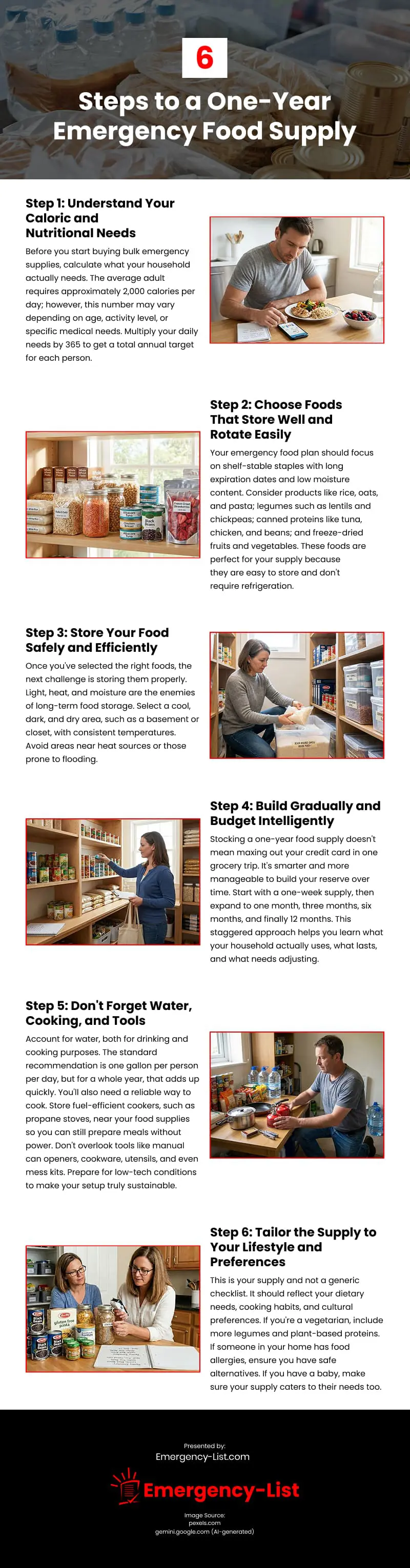 6 Steps to a One-Year Emergency Food Supply Infographic 6 Steps to a One-Year Emergency Food Supply Infographic