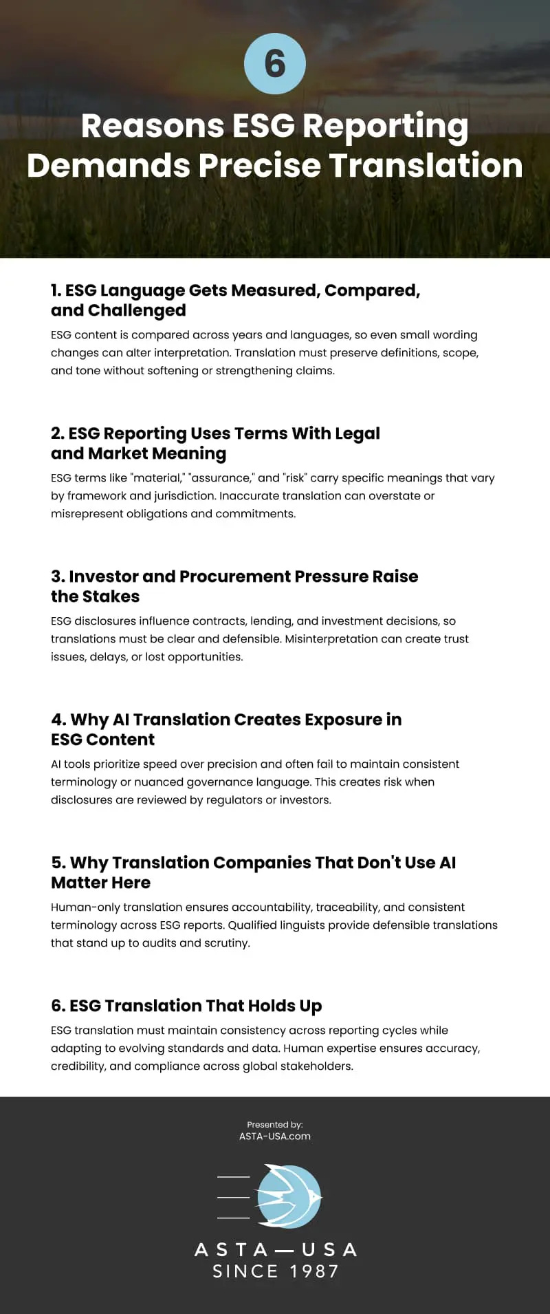 6 Reasons ESG Reporting Demands Precise Translation Infographic