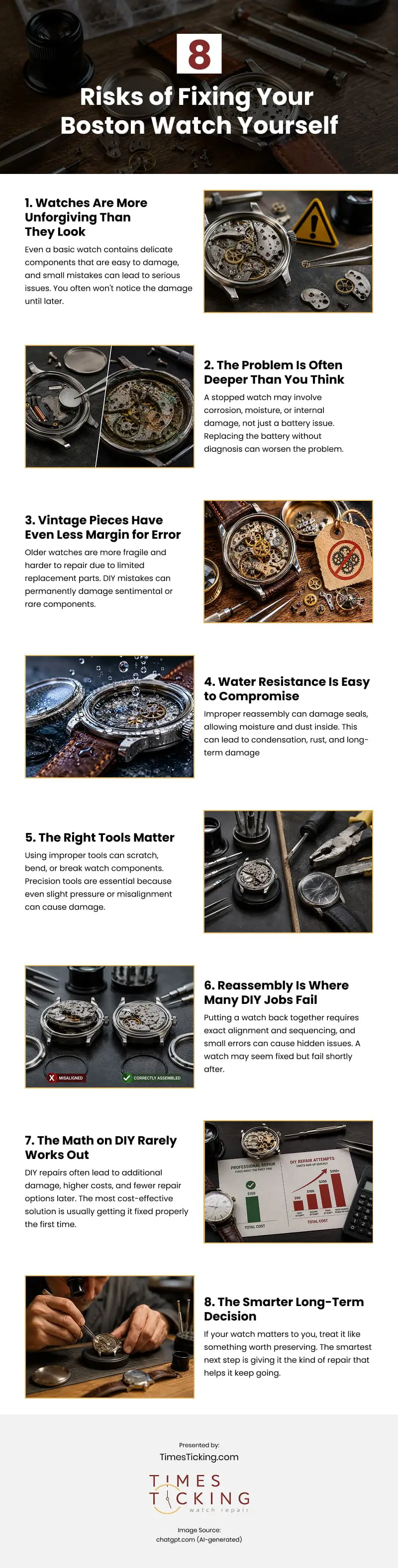 8 Risks of Fixing Your Boston Watch Yourself Infographic 8 Risks of Fixing Your Boston Watch Yourself Infographic