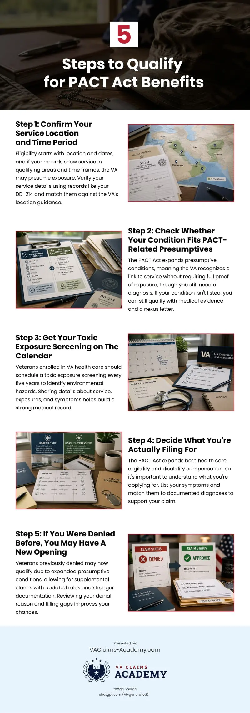 5 Steps to Qualify for PACT Act Benefits Infographic 5 Steps to Qualify for PACT Act Benefits Infographic