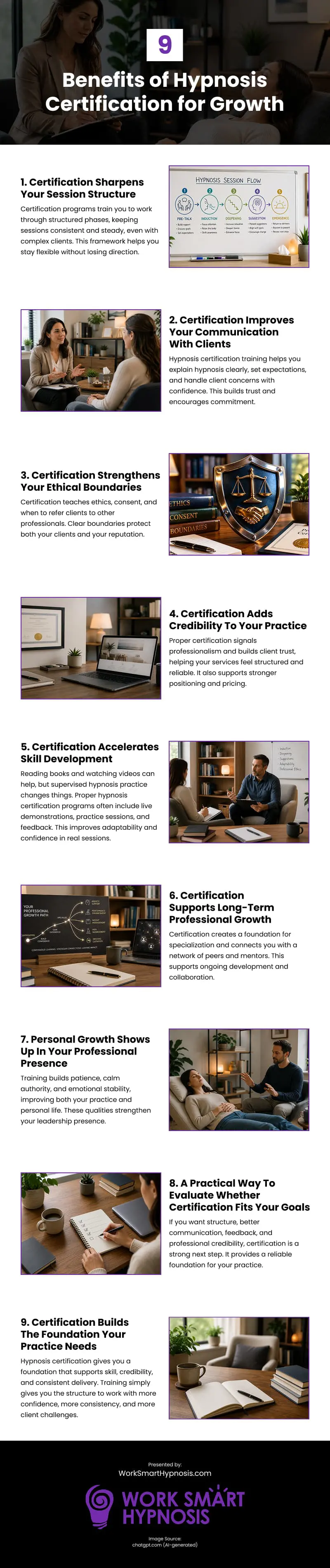 9 Benefits of Hypnosis Certification for Growth Infographic