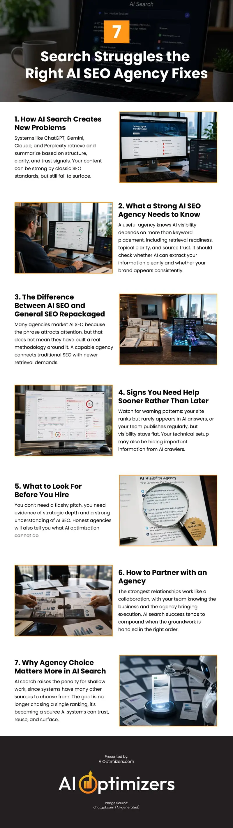 7 Search Struggles the Right AI SEO Agency Fixes Infographic
