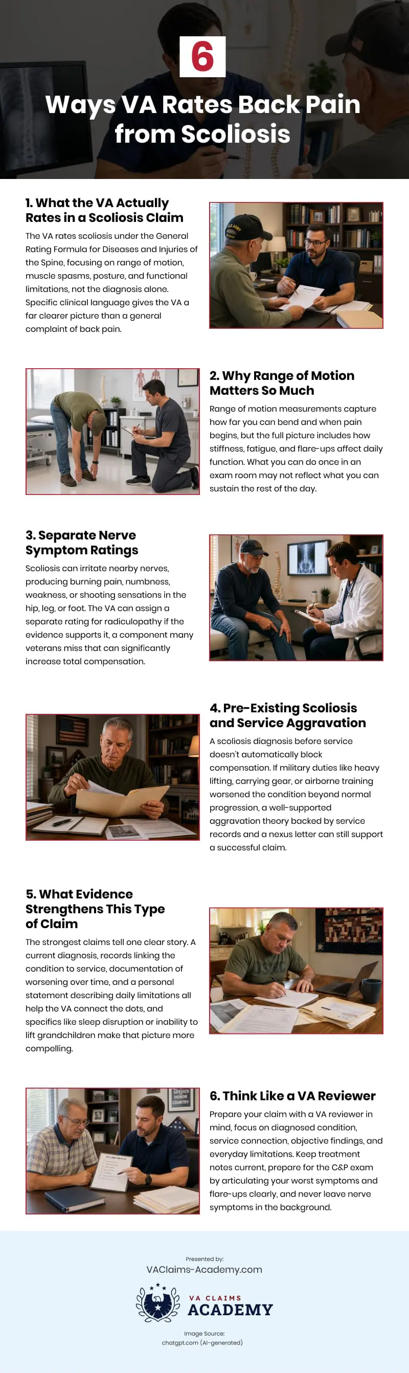 6 Ways VA Rates Back Pain from Scoliosis Infographic 6 Ways VA Rates Back Pain from Scoliosis Infographic