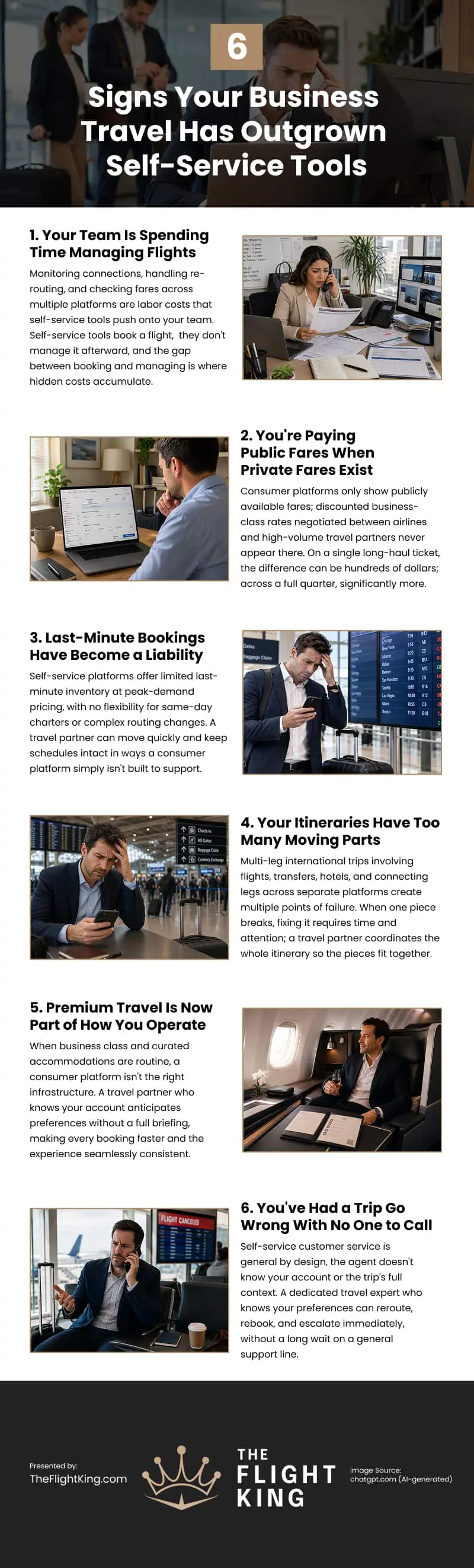 6 Signs Your Business Travel Has Outgrown Self-Service Tools Infographic 6 Signs Your Business Travel Has Outgrown Self-Service Tools Infographic