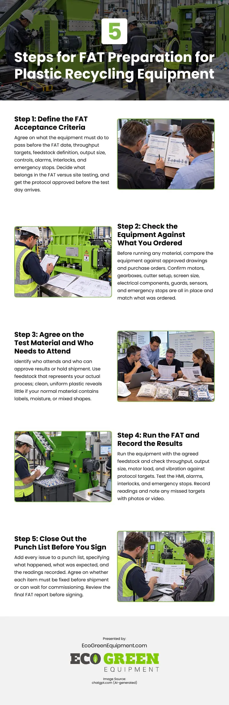 5 Steps for FAT Preparation for Plastic Recycling Equipment Infographic 5 Steps for FAT Preparation for Plastic Recycling Equipment Infographic