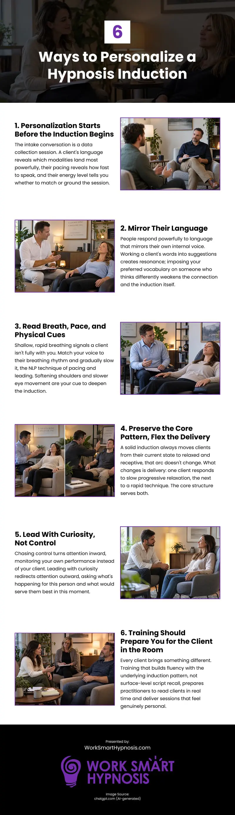 6 Ways to Personalize a Hypnosis Induction Infographic 6 Ways to Personalize a Hypnosis Induction Infographic