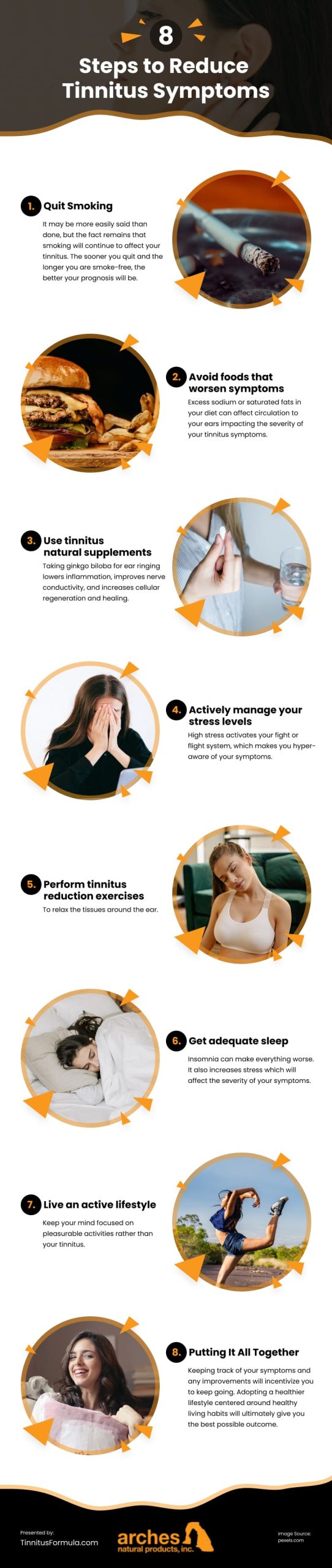 8 Steps to Reduce Tinnitus Symptoms Infographic