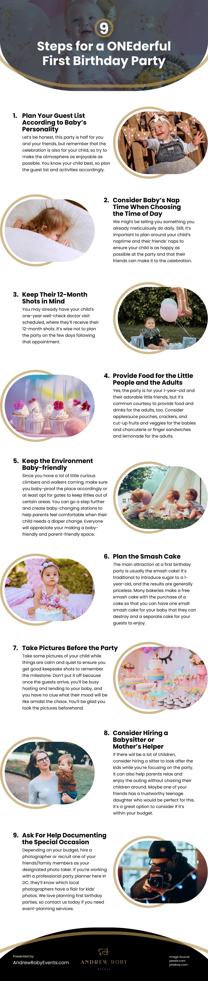 9 Steps for a ONEderful First Birthday Party Infographic